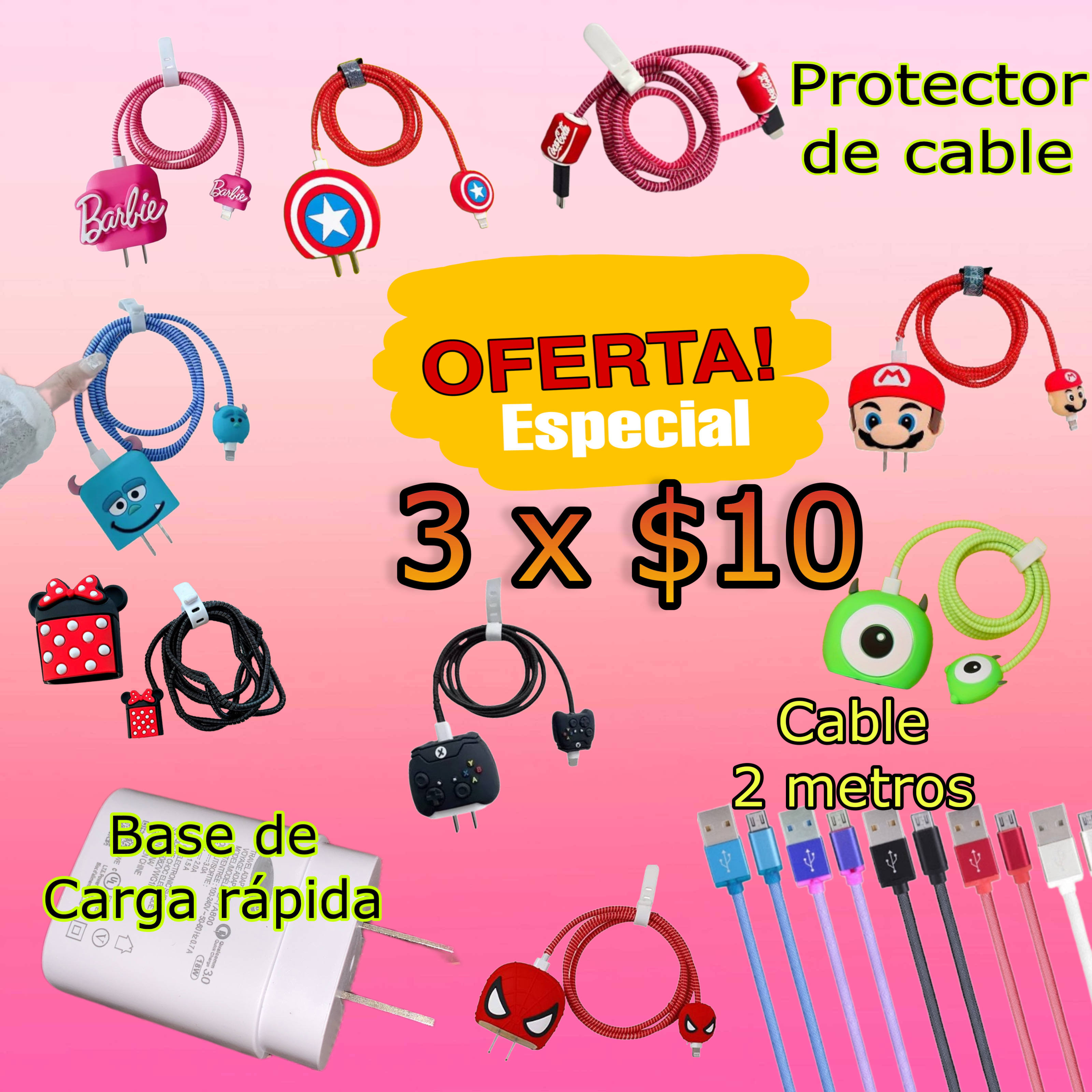 Promoción Cable 2m tipo C, base de carga, protector diseño