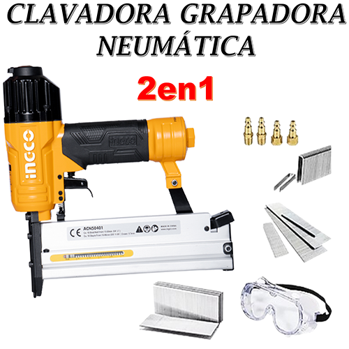 Clavadora Grapadora Neumática, 1/2 a 2 pulg Ingco 2en1 Industrial