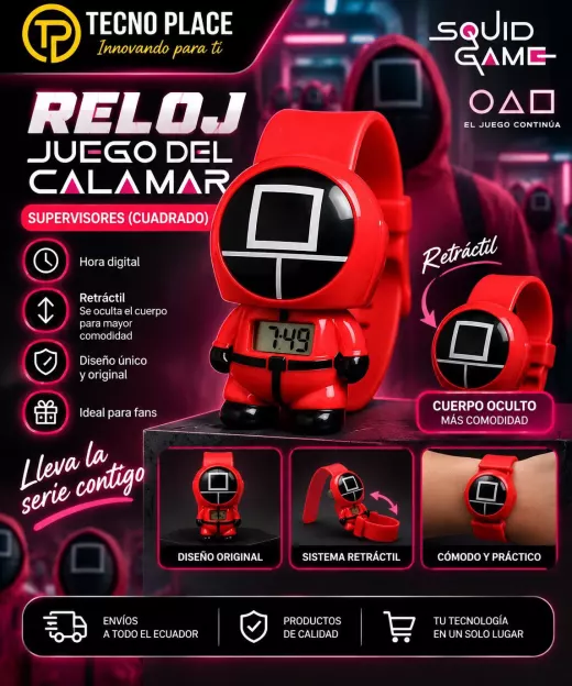 Reloj juego del calamar rojo retractril cuadrado