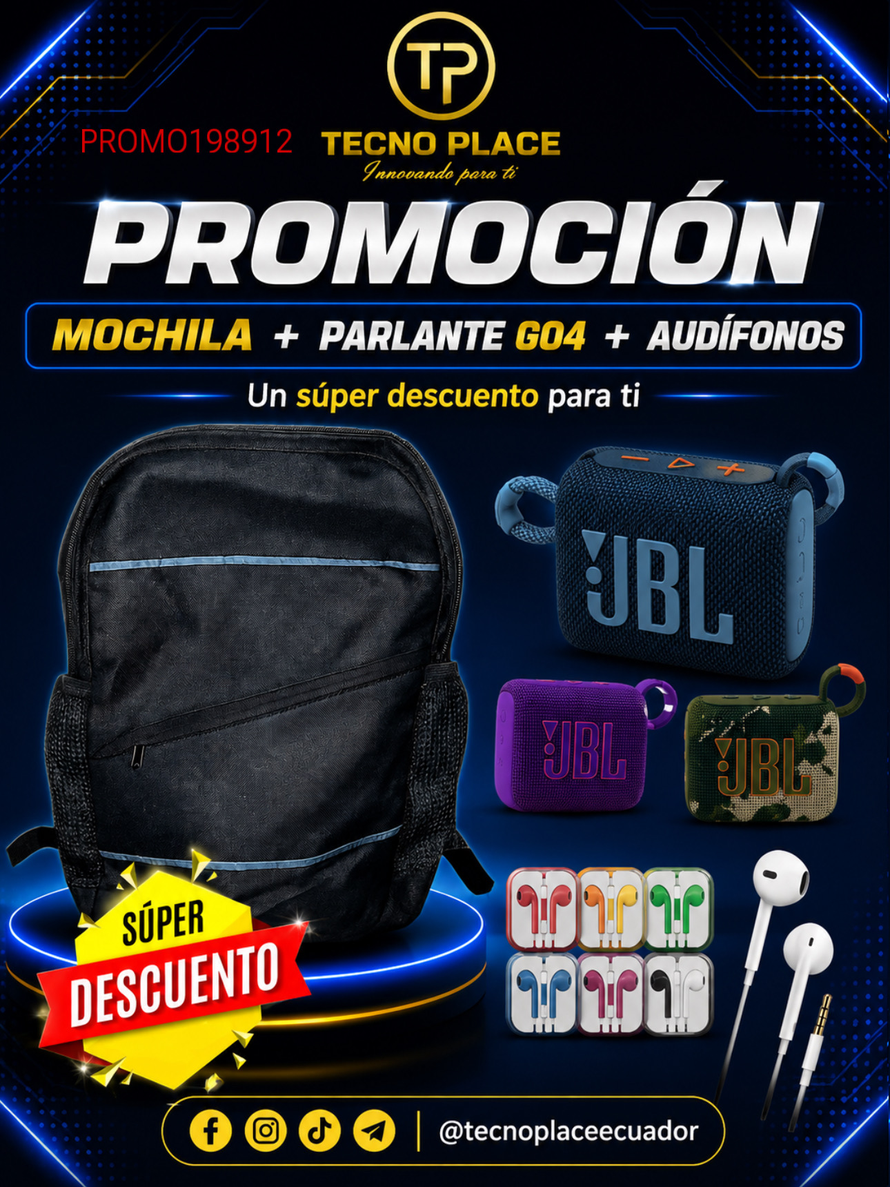Promoción Mochila + Parlante GO4 (AAA) + Audífonos