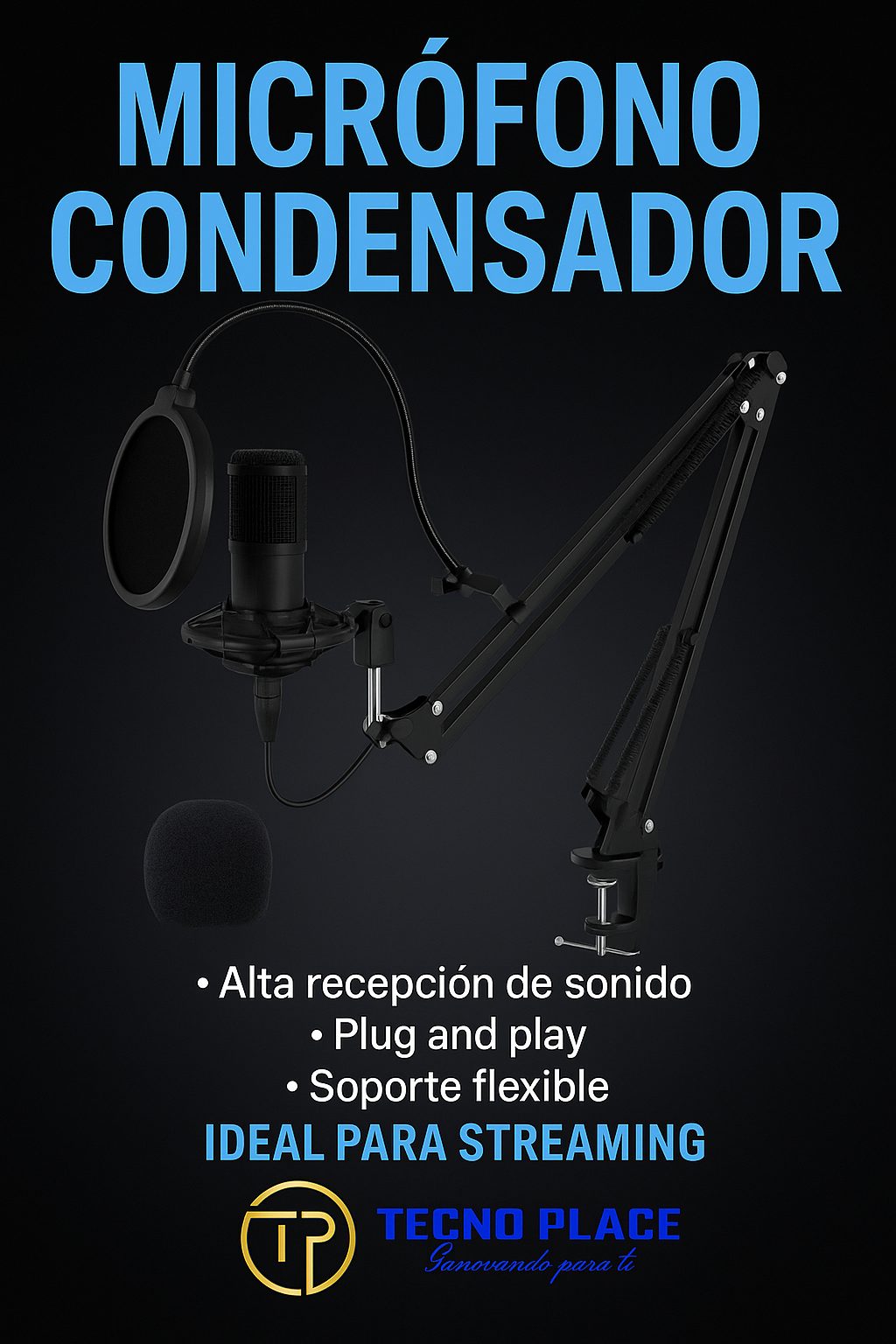 Micrófono podcast con brazo condensador