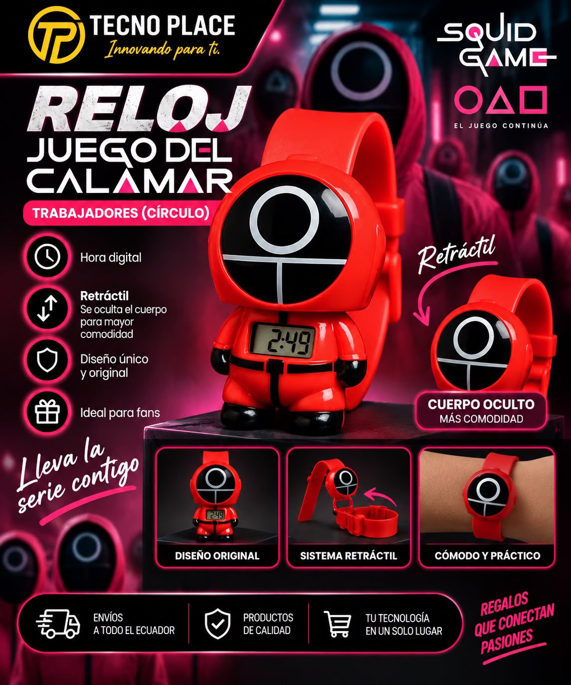 Reloj juego del calamar rojo retractril circulo